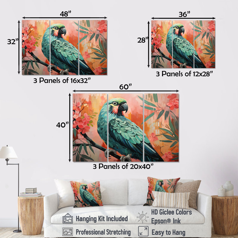 «Blue and Pink Parrot Paradise III», art mural perroquet, Toile tendue, H 28 po x l 36 po