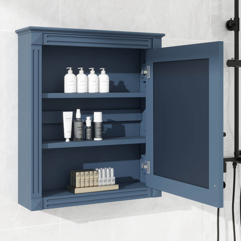 Armoire de rangement de salle de bain murale avec miroir, armoire à pharmacie avec tablette réglable en hauteur, Bleu