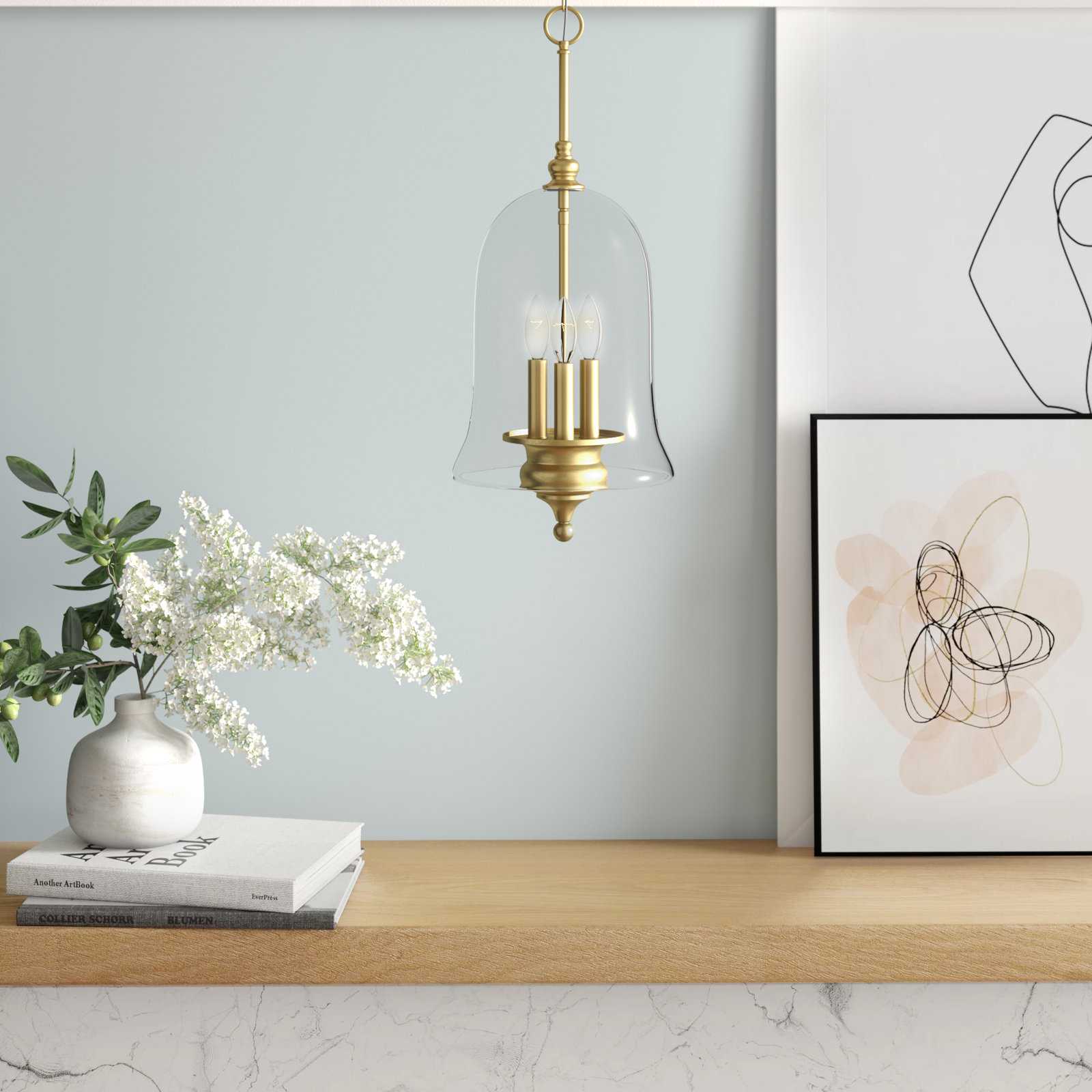 Laurel 3 Light Glass Steel Dimmable Pendant, Natural Brass