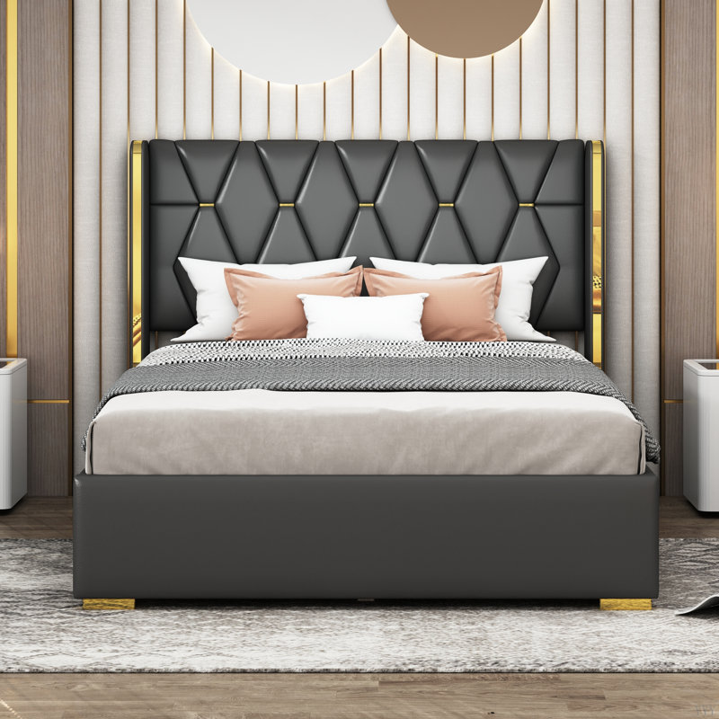 Lit plateforme tapissier avec bandes métalliques, Lit double