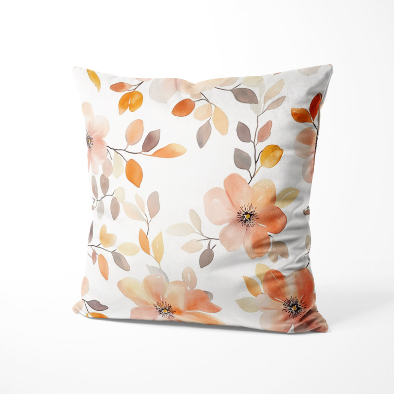 Coussin décoratif Boho - imprimé floral orange et cerisier blanc, H 18 po x l 18 po