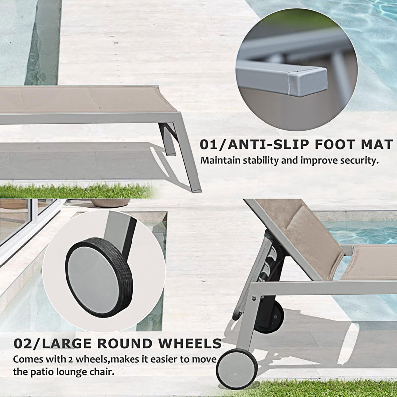 Ensemble de 3 chaises longues d'extérieur pour terrasse avec table d'appoint et roulettes, Kaki