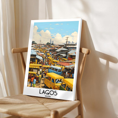 Framed Canvas Wall Art, Lagos street scene: Vibrant market with yellow buses and bustling crowds, Colorful digital illustration style. Wall Decor, Large Artwork for Living Room Bedroom, Ready to Hang, 24x36 Inch
