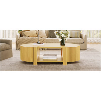 Oval Fluted Coffee Table with Storage, Rubber Solid Wood, 1 Shelf & 2 Open Doors for Modern Living Rooms