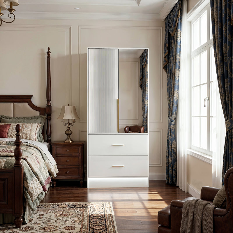 170cm High Gloss 2-Door Wardrobe with LED Mirror & 2 Drawers - Modern White Bedroom Storage