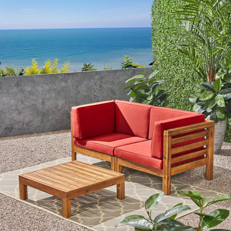 2 - Person Patio Conversation Set with Cushions, Frame: Teak / Cushion: Red