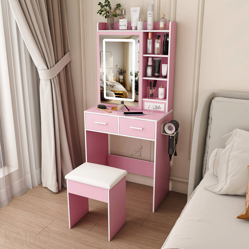 Petit bureau de coiffeuse avec miroir et lumières DEL réglables, prise de courant intégrée et rangement dissimulé, comprend tabouret et tablette rembourrés, coiffeuse pour petites chambres, rose