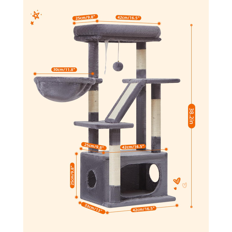 Arbre à chat, tour à chat de 38,2 pouces pour chats d'intérieur, convient aux chatons avec luxueux condo pour chat avec paniers réglables et perchoir luxueux gris fumé MS029SG