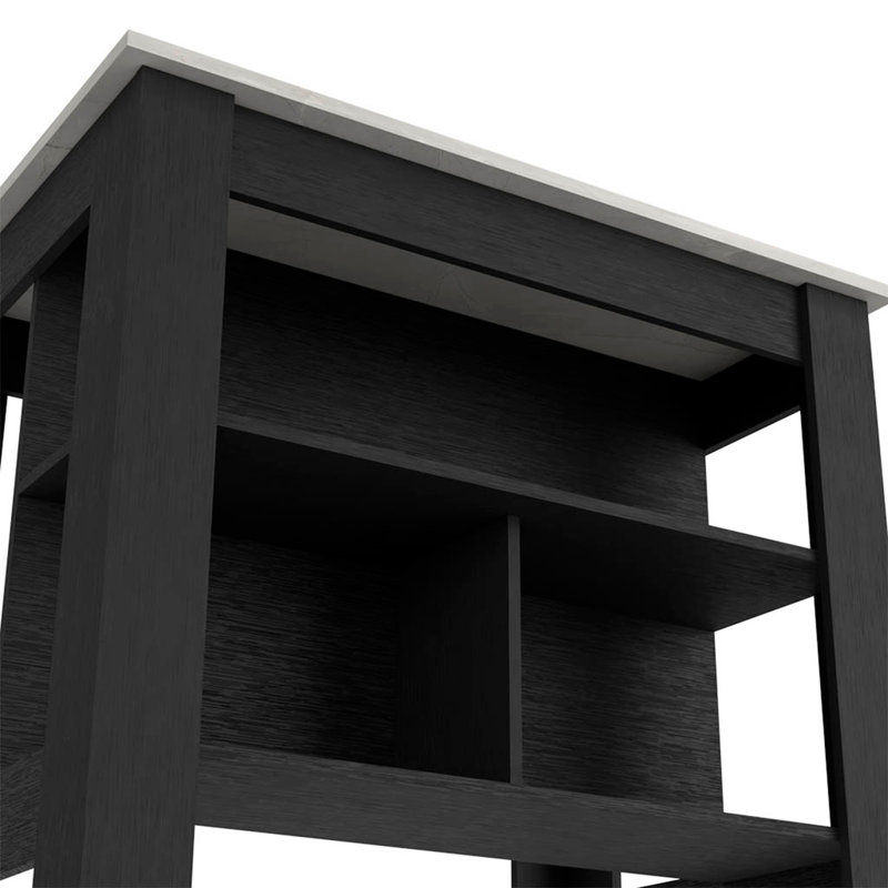 Îlot de cuisine, trois tablettes, noir / finition couleur marbre Ibiza, Noir/gris