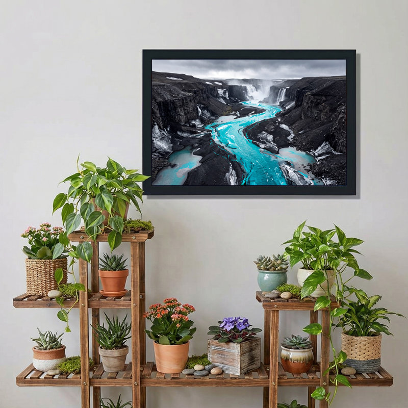 «Turquoise River Through Dark Rocky Canyon And Waterfalls», art mural, 12"H x 18"W