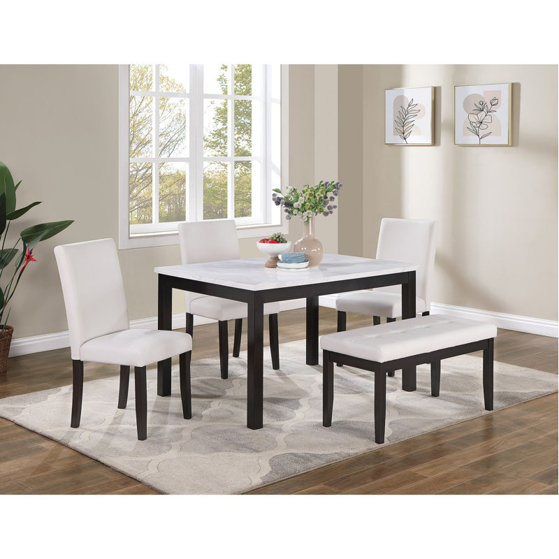 Ensemble repas 5 pièces avec chaises et banc, Blanc/Noir, Blanc, Noir