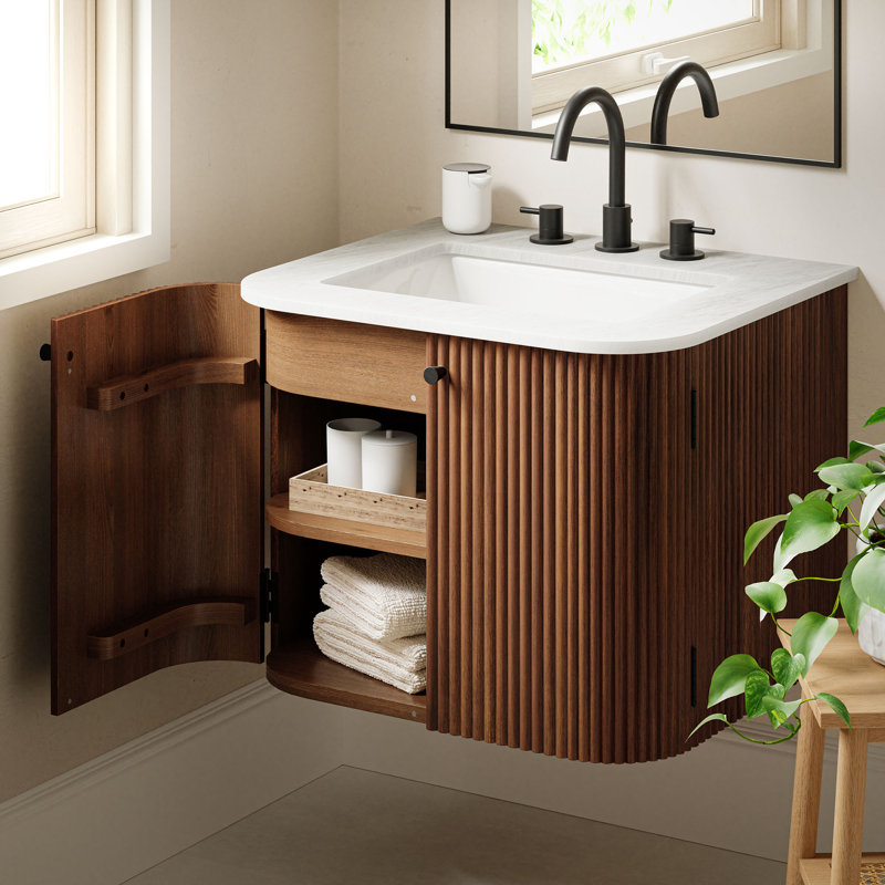 Zia 24" Wall-Mount Bathroom Vanity With Marble Sink, Walnut