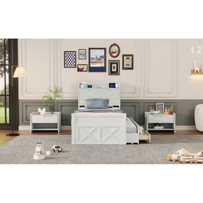 Lit simple en bois avec tête de lit avec prises de courant, lit extensible avec lit gigogne simple avec trois tiroirs de rangement, blanc