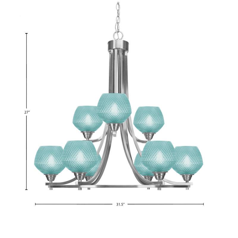 Lustre 9 lumières Allexus, Nickel brossé, Sarcelle