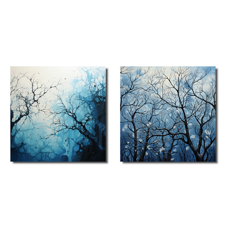 Minimalisme arbre bleu paysage V - arbres carrés ensemble de 2 collages, H 30 po x l 61 po, Toile tendue