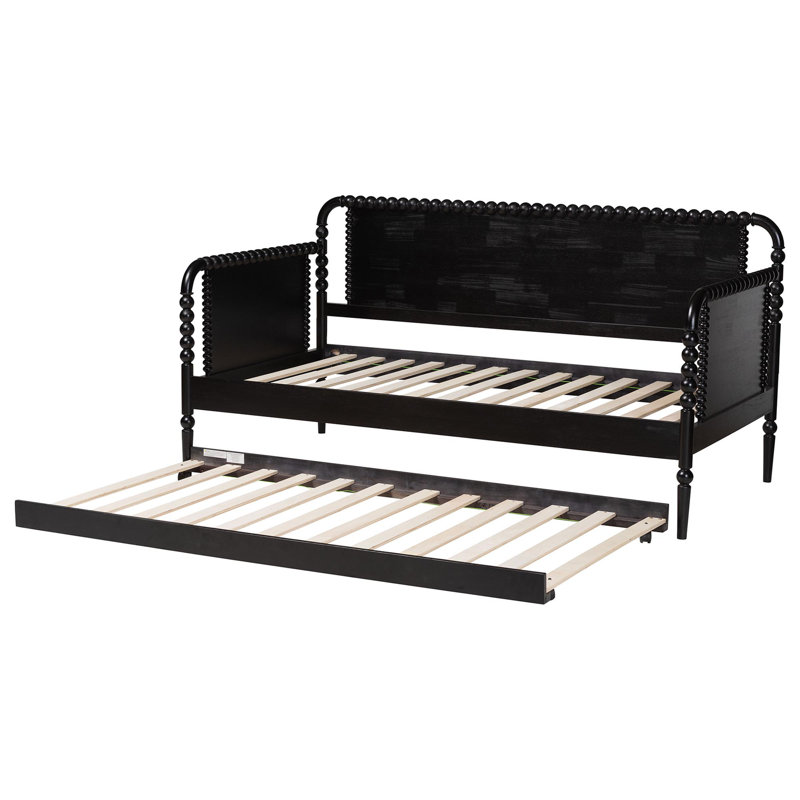 Baxton Studio Lucera Bobbin Daybed With Rolling Trundle - Wooden Bed Frame With Turned Spindle Detailing, Classic Style Sofa Bed For Bedroom Or Guest Room, Twin, Black
