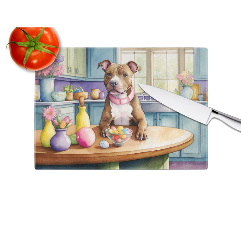 Decorating Easter Pit Bull Terrier Glass Cutting Board