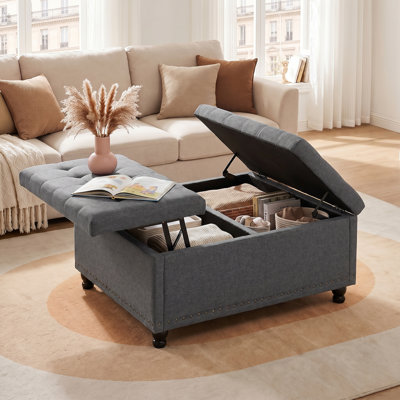 Repose-pieds carré avec rangement, table basse rembourrée avec décor à rivets, repose-pieds rectangulaire avec rangement dissimulé, repose-pieds pour salon, chambre à coucher, entrée, gris