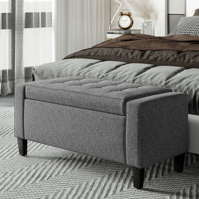 Banc de rangement rembourré en lin, avec plateau relevable / capitonné pour le salon - gris