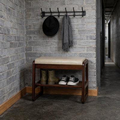 Mid-Century Modern Solid Wood Shoe Bench With Storage, 2-Tier Entryway Bench With Flip-Open Seat And Cushion For Hallway And Mudroom Organization