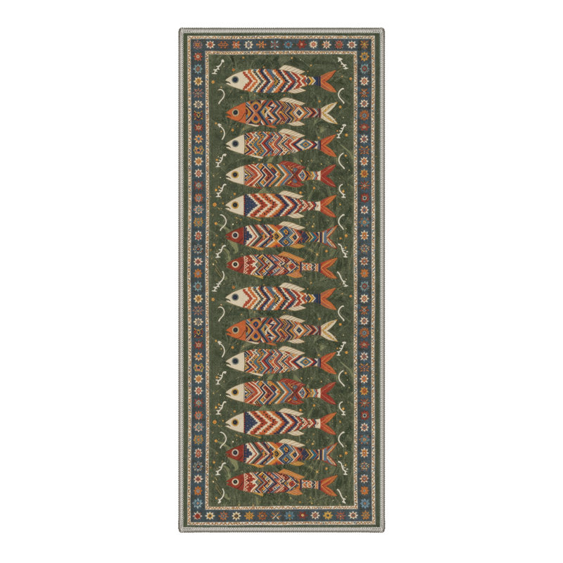 Mirage Geometric Machine Washable Green Indoor Area Rug with Non-Slip Backing, Runner 2' x 7'