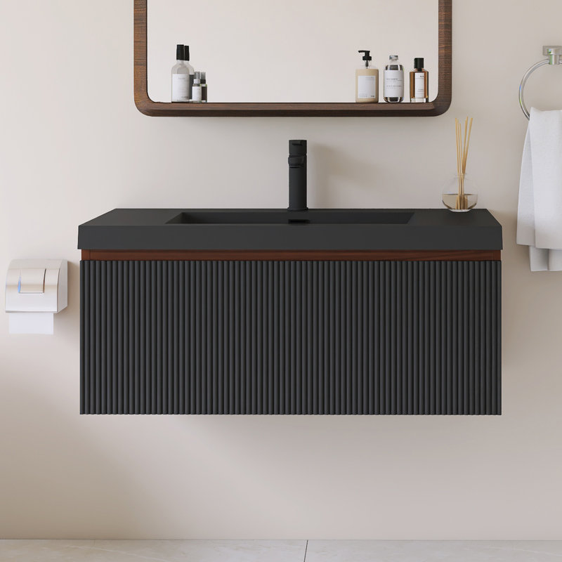 36'' Wall Mounted Single Bathroom Vanity With Black Quartz Sand Basin, 36"