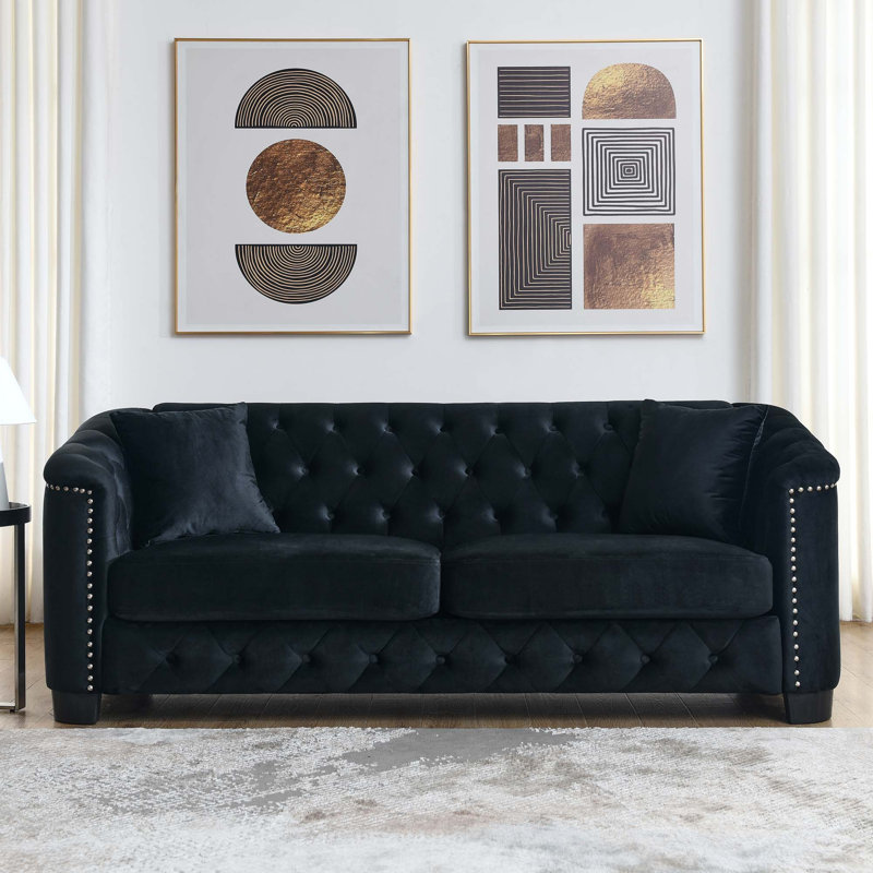 Canapé Chesterfield moderne en velours avec dossier capitonné et garniture cloutée, Noir