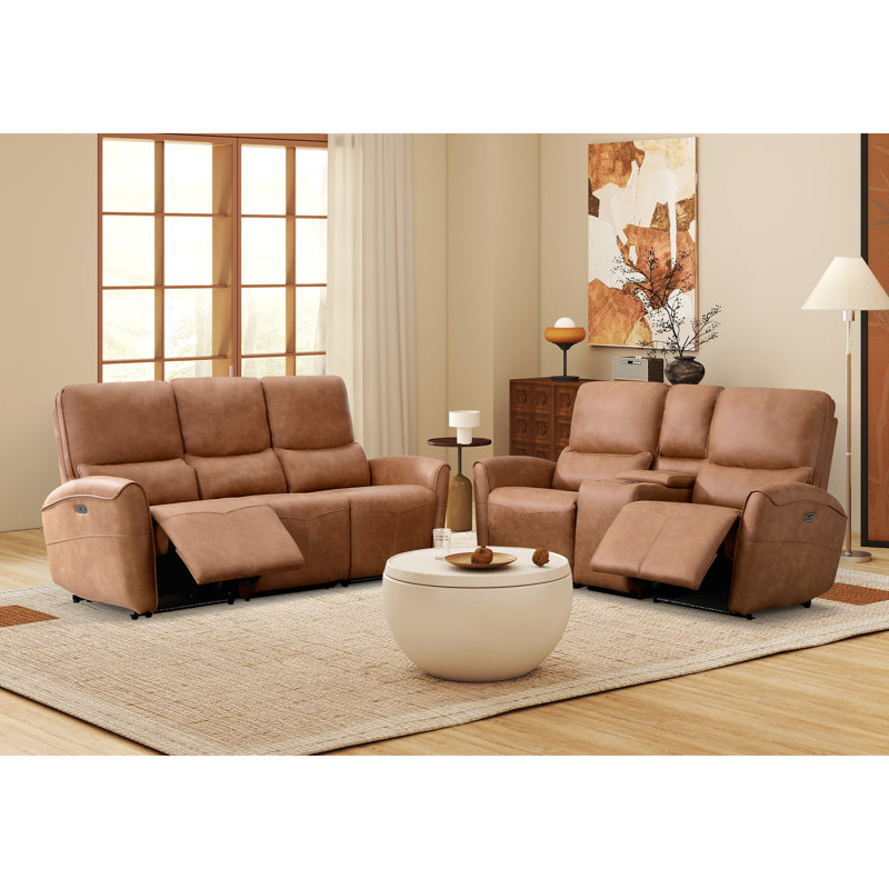 Ensemble de salon inclinable électrique en microfibre 2 pièces avec console et bandes lumineuses ambiantes Roland, Brown