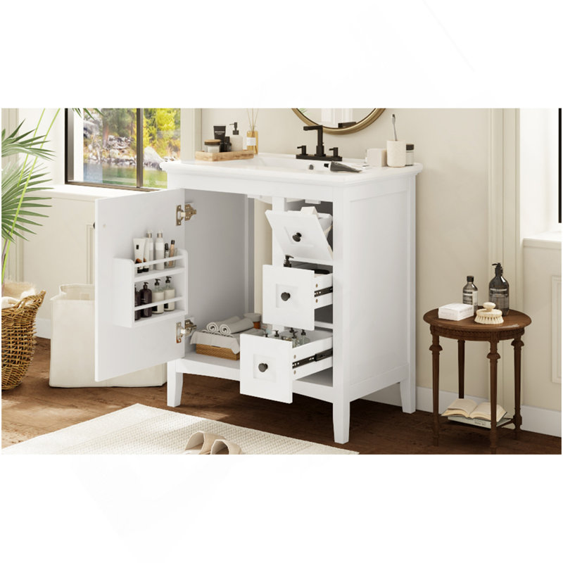 Meuble-lavabo de 30 po avec lavabo en céramique, salle de bain blanche avec 3 tiroirs, meuble de rangement moderne à structure en bois, idéal pour la maison