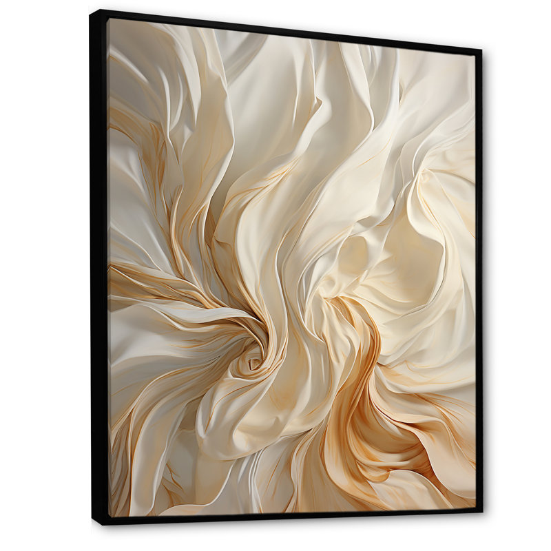 Blanc et champagne Flow IV - Champagne, art mural, Cadre flottant noir, H 40 po x l 30 po x P 1,5 po