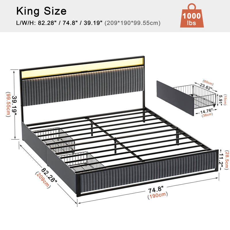 Antioch Upholstered Platform Bed with 2-Drawer Storage and Charging Station, King, Dark Gray