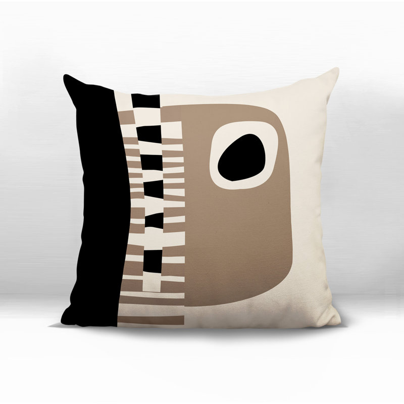 Oreiller carré réversible intérieur / extérieur Rikka, H 15 po x l 15 po, Beige / noir / blanc cassé abstrait