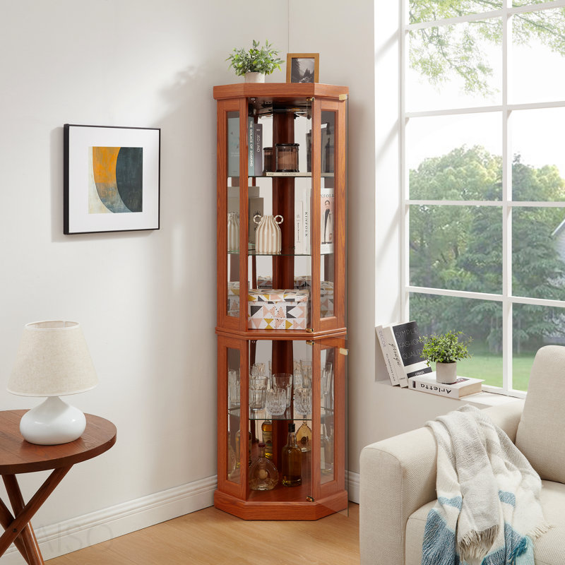 Armoire de coin, antique, verre, vitrine pour le salon, objets de collection, rangement pour le vin et le bar, Brown
