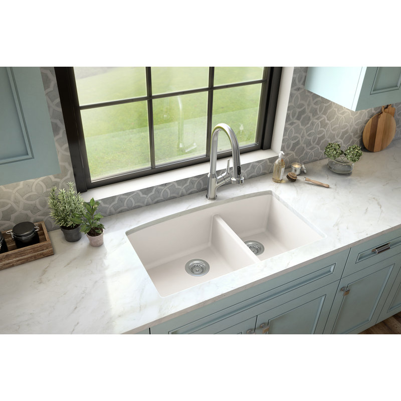 Karran Undermount Quartz Composite 32'' X 19-1/2'' 60/40 Double Bowl Kitchen Sink, White