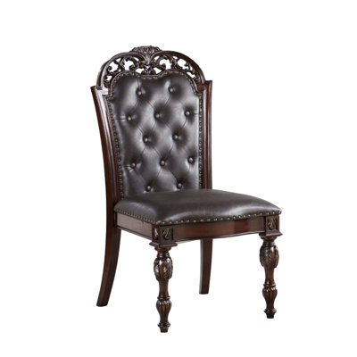 Traditional Set Of 2Pcs Side Chairs Brown Cherry  Wood Espresso Leatherette Tufted Formal Dining Room