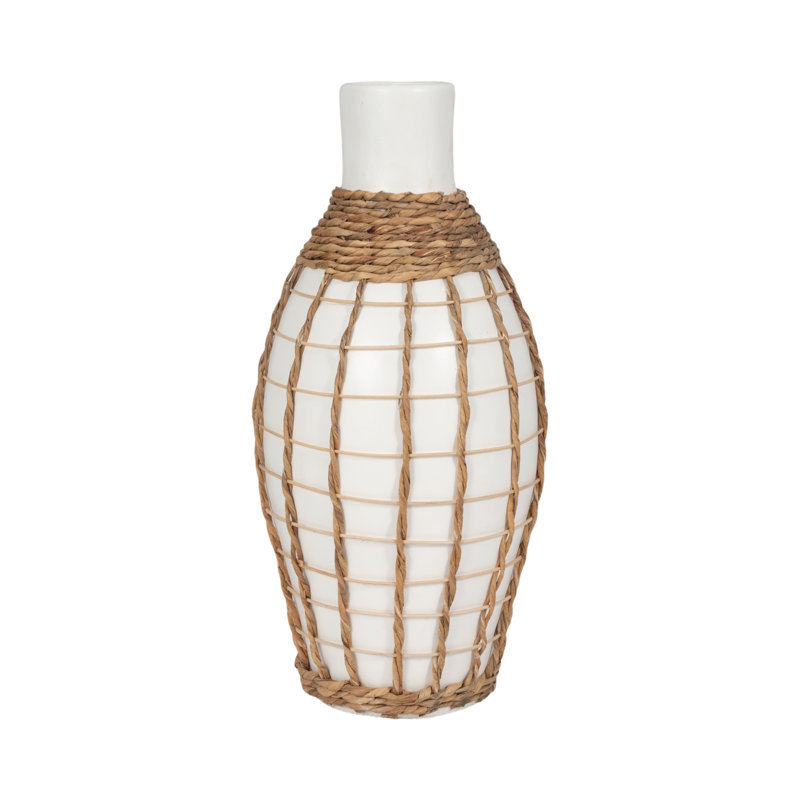 Vase Pottery and Terracotta Coastal Rope-Wrapped Detail 18-Inch White Decorative Accent for Home Office Bedroom Living Room Display.