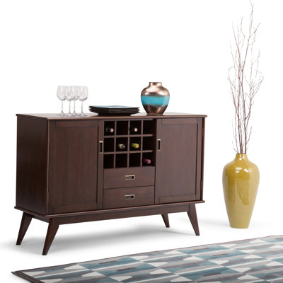 Draper SOLID HARDWOOD Mid Century Sideboard Buffet and Wine Rack in Medium Auburn Brown