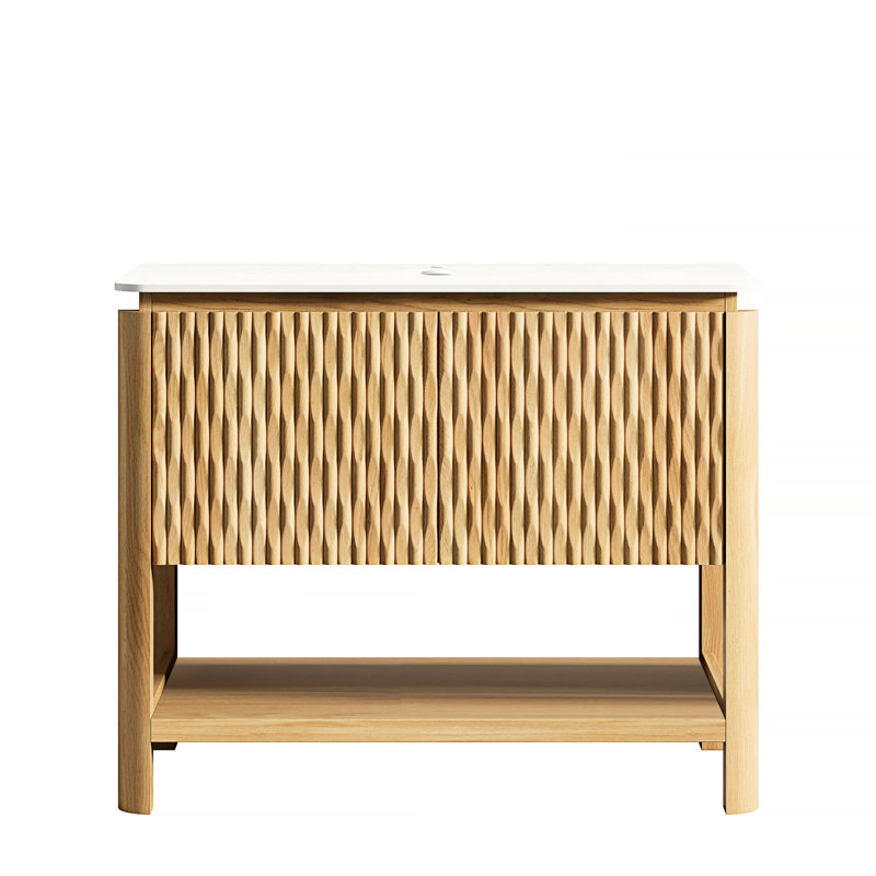 Armoire de meuble-lavabo autoportante 36 po avec 2 portes et tablette ouverte, plateau en pierre frittée blanche, chêne brun, structure en contreplaqué imperméable, porte cannelée à technologie 3D, fermeture silencieuse pour un coffre-fort silencieux