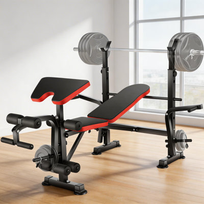 Ensemble de banc de musculation 6 en 1 660 lb avec support à squat Banc d'entraînement réglable avec support pour jambes Preacher Curl Rack