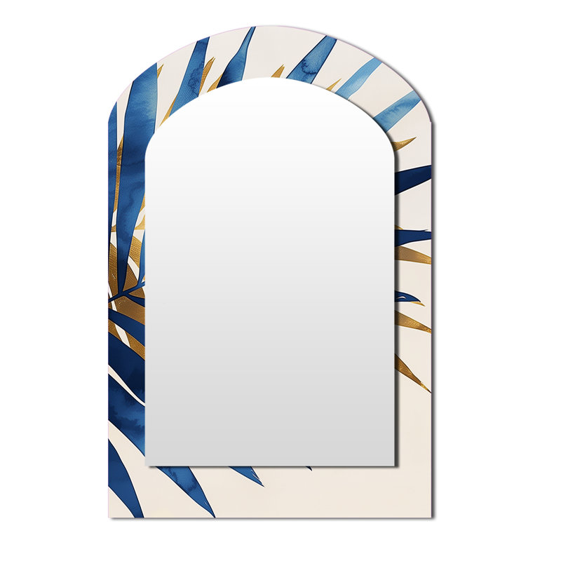 Miroir mural bleu et doré feuilles de palmier II - arche bleue, 43 po x 33 po