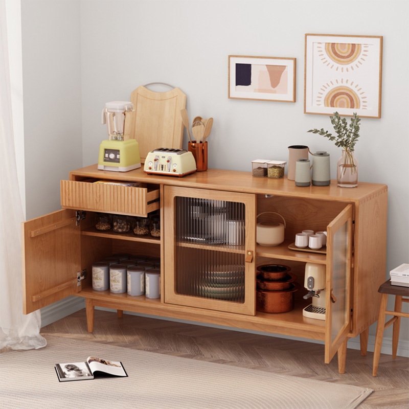 Middle Aged Small-Sized Glass Display Case, 33.46" H x 47.24" W x 15.75" D, Natural Wood
