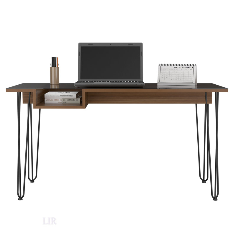 Bureau de style industriel en acajou avec pieds en métal et plateau en verre, parfait pour les espaces de bureau modernes et durables.
