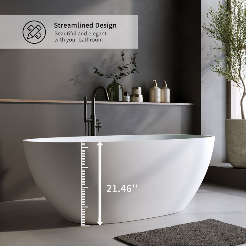Baignoire matte 59 po, baignoire de trempage à surface solide, baignoire autoportante en résine de pierre, baignoire autoportante à rebord épais avec trop-plein, bonde escamotable
