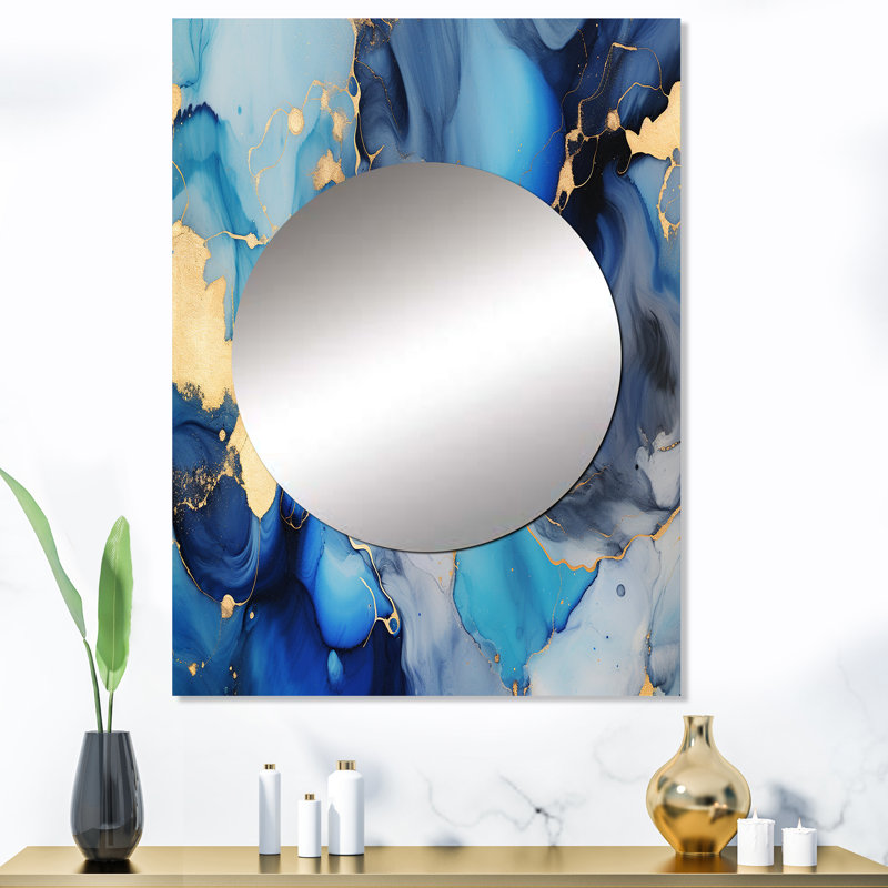 Savian Blue and Gold Luxury Abstract Fluid Art II - Fractals Large Mirror, Blue Unique Wall Mirror Decor, Printed Metal Art