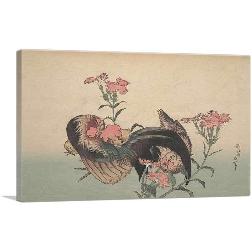 Coq, poule et nadeshiko par Katsushika Hokusai - reproduction d'art sur toile tendue, H 26 po x l 40 po x 1,5 po