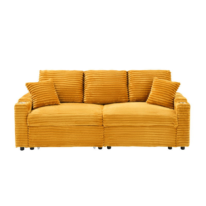80 pouces orange, velours côtelé, trois sièges, coulissant, inclinable et pliable, porte-gobelet et coussins pour un salon en velours côtelé