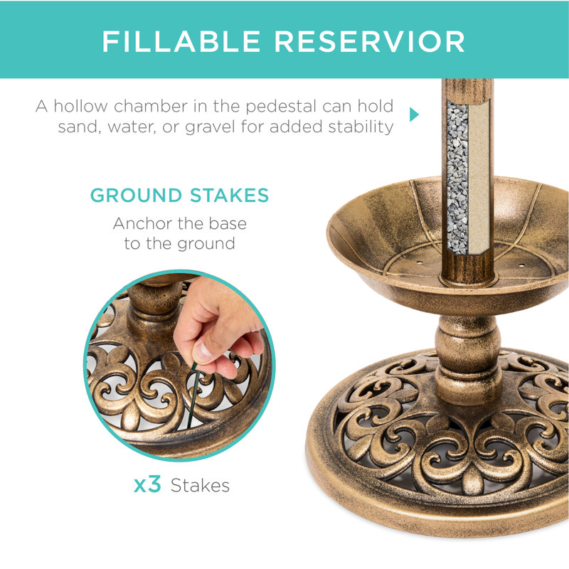 Bronze Solar Lighted Pedestal Bird Bath with Planter