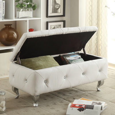 White Tufted Bonded Leather Storage Bench with Crystal Decor, Upholstered Bedroom Bench Ottoman with Hidden Storage for Entryway Bed End Living Room
