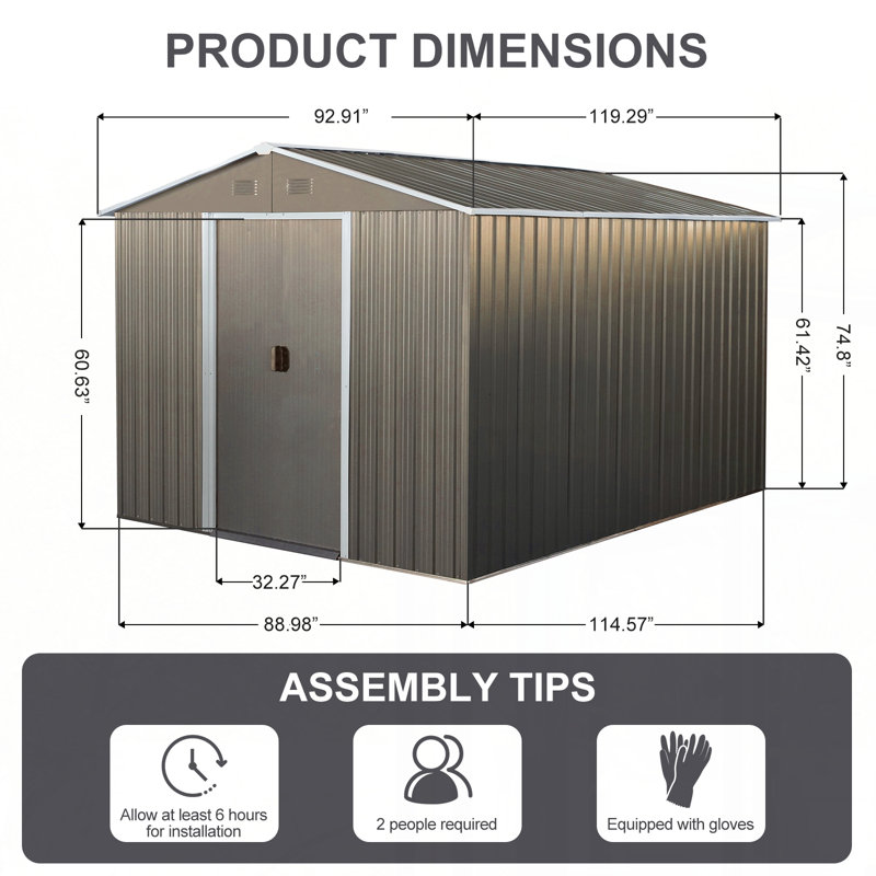 8x10ft Outdoor Metal Storage Shed with metal foundation Gray, 74.8" H x 114.57" W x 88.98" D, Gray/White