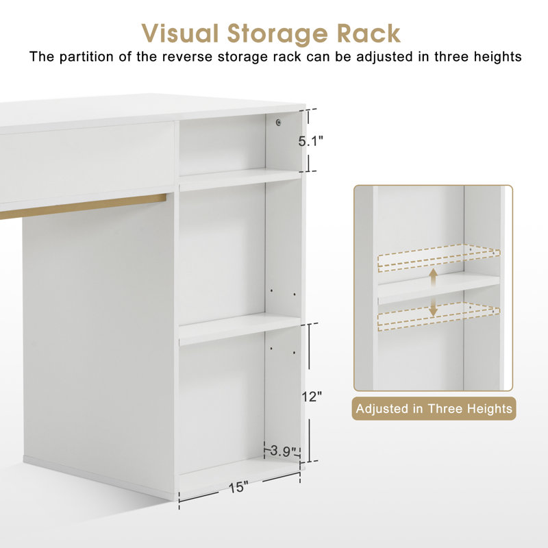 Arbadella Vanity Makeup Desk, Rectangle Accent Manicure Table with Cabinet, White/Gold